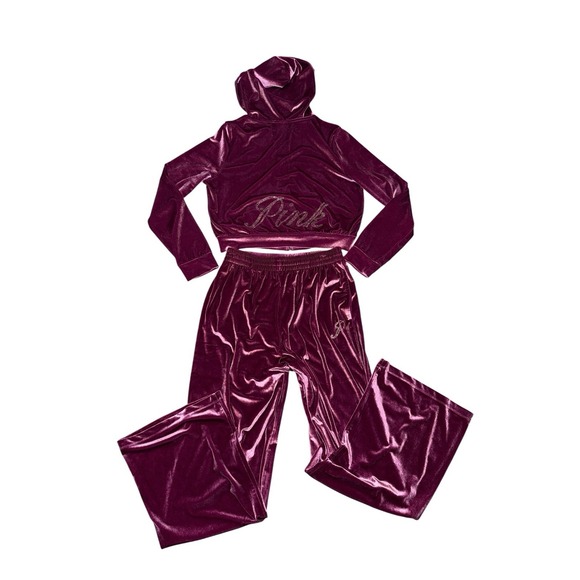 Victoria‎ Secret PINK Velour Shine Logo Full-Zip Crop Hoodie Wide Leg Pants Sz M - Picture 2 of 14